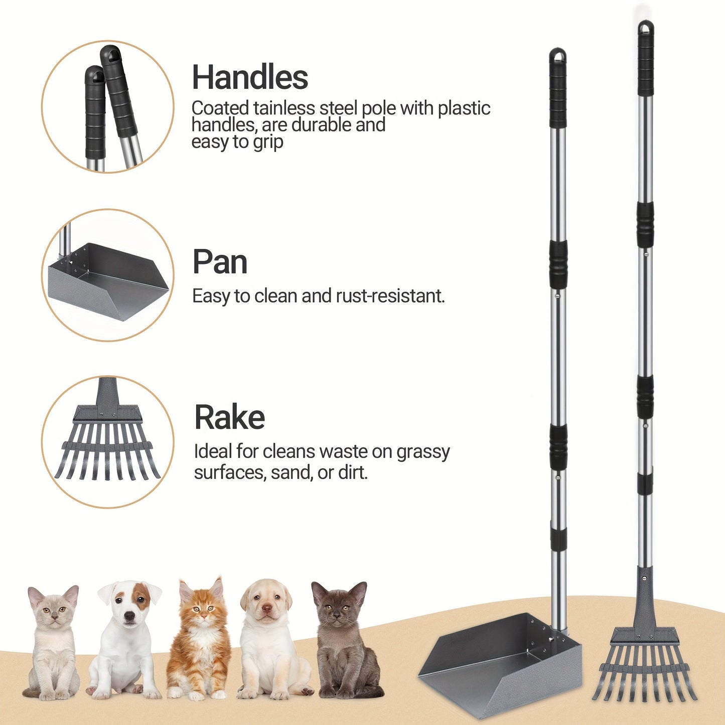 Dog Pooper Scooper Set Stainless Steel – Rust-Proof Tray & Rake with Adjustable Handles, Easy-Clean Pet Waste Removal Scoop for All Breeds, Multiple Colors Available