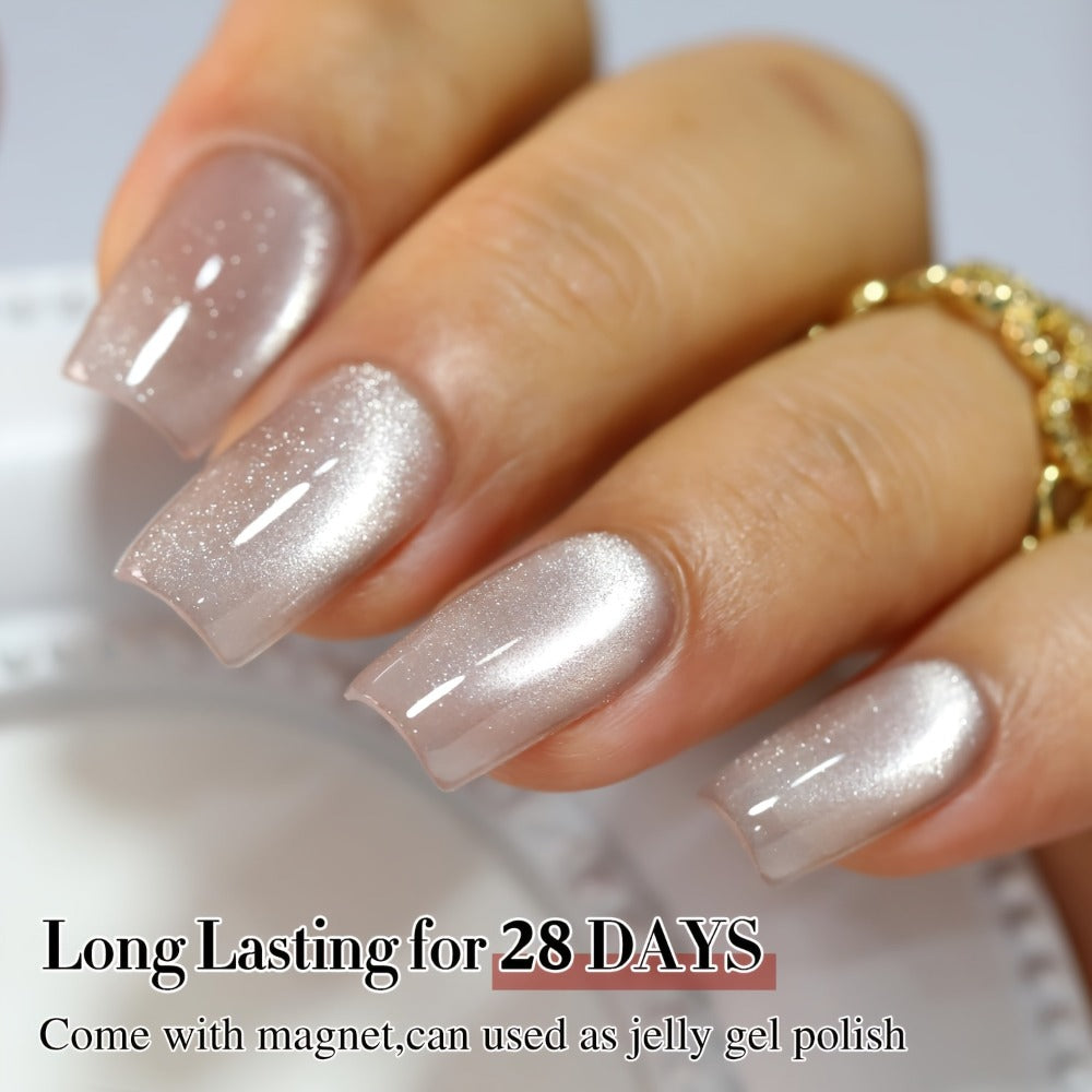 Cat Eye Gel Nail Polish Ice Clear Nude – Magnetic Shimmer Stripe Effect, Long-Lasting Chip-Resistant, Quick-Dry Glossy Finish, Fragrance-Free for Salon & DIY Manicure Pedicure