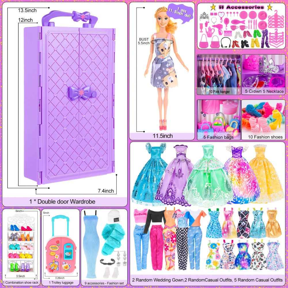 Doll Closet Playset 108 Piece with 11.5 Inch Fashion Doll Purple Wardrobe Wedding Gowns Shoes Handbags Crowns & Accessories – Ultimate Barbie-Size Fashion Gift for Girls Ages 6-12 Birthday Christmas