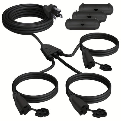 Extension Cord Splitter 1 to 3 Outlets 25FT 50FT 16/3 SJTW Pure Copper Core UV-Resistant PVC Jacket 3 Grounded Outlets for Holiday Decoration Christmas Lights Outdoor Indoor Patio Garden Black Green