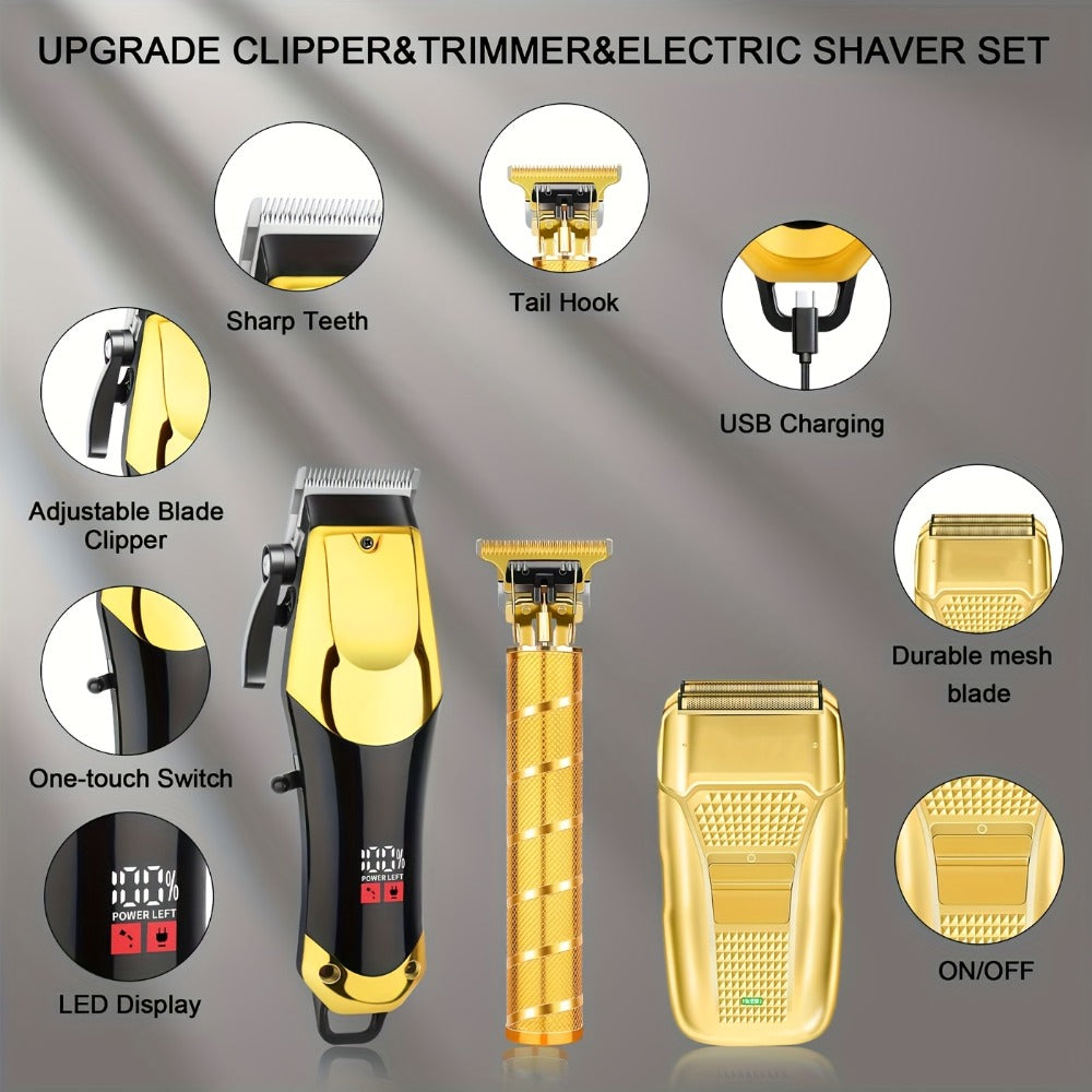 Men's Grooming Kit Hair Clipper Set USB Rechargeable LCD Display - Professional Clipper Razor T-Blade Trimmer 8 Guide Combs & Apron Complete Home Barber Kit Gold Black Gift for Men