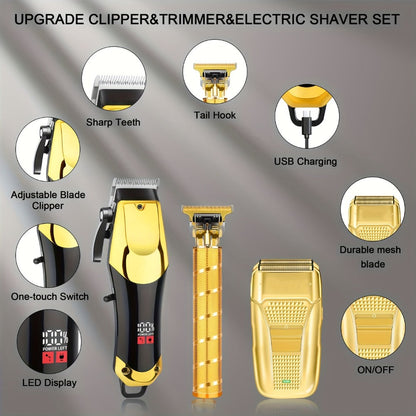 Men's Grooming Kit Hair Clipper Set USB Rechargeable LCD Display - Professional Clipper Razor T-Blade Trimmer 8 Guide Combs & Apron Complete Home Barber Kit Gold Black Gift for Men
