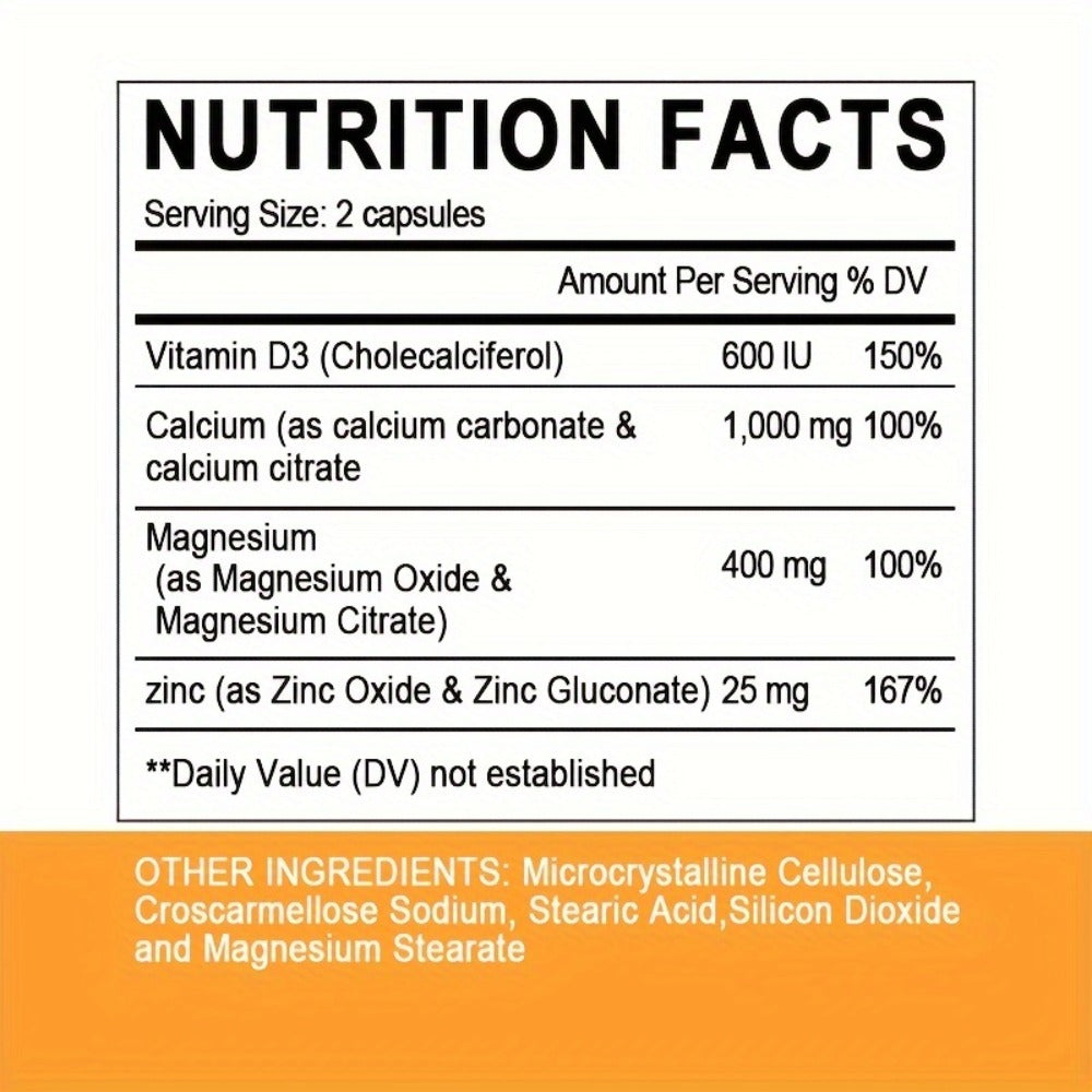Calcium Magnesium Zinc & Vitamin D3 Capsules — 4-in-1 Synergistic Bone Strength Muscle & Immune Support | Daily Mineral Vitamin Complex for Women & Men | 120 Capsules | 2-Bottle Value Pack