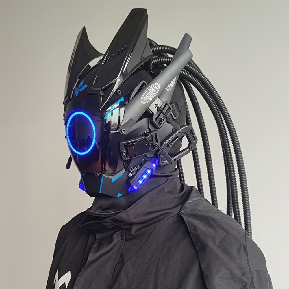 LED Punk Mask with Tubular Braids & Helmet – Futuristic Sci-Fi Mechanical Cosplay Mask for Halloween, Rave Music Festival & Party, Blue Green Pink, Handmade TPU PC Unisex Adult Costume Prop