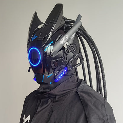 LED Punk Mask with Tubular Braids & Helmet – Futuristic Sci-Fi Mechanical Cosplay Mask for Halloween, Rave Music Festival & Party, Blue Green Pink, Handmade TPU PC Unisex Adult Costume Prop