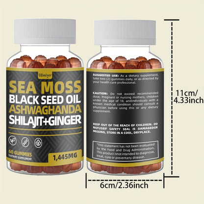 Sea Moss Gummies with Black Seed Oil, Ashwagandha, Shilajit, Elderberry, Chlorophyll, Turmeric & Bladderwrack – 8-in-1 Immune & Whole Body Wellness Supplement, 60 Gummies 2-Month Supply