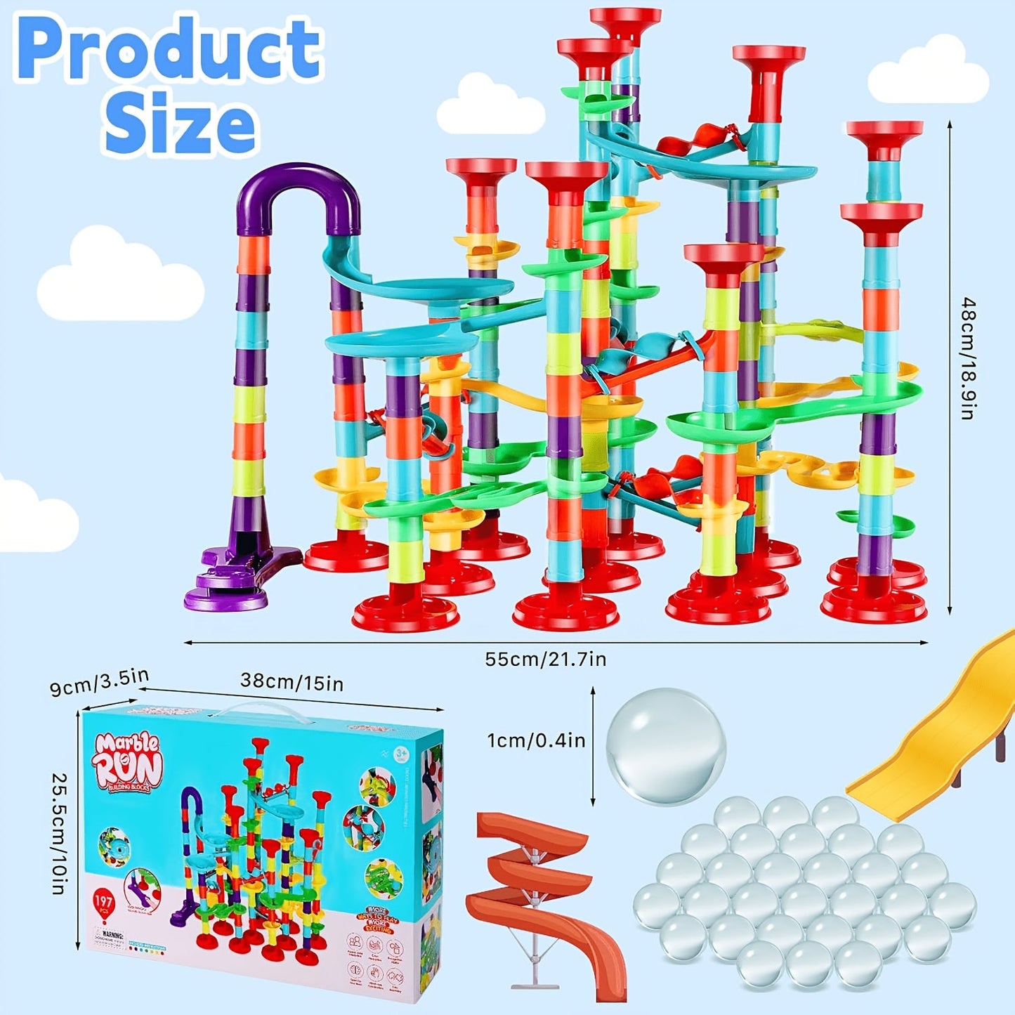 Marble Run Set Building Blocks for Kids 112/147pcs with Glass Marbles – STEM Marble Race Track Construction Toy Logic Hand-Eye Coordination Learning Game, Best Birthday Gift for Boys & Girls Ages 4+