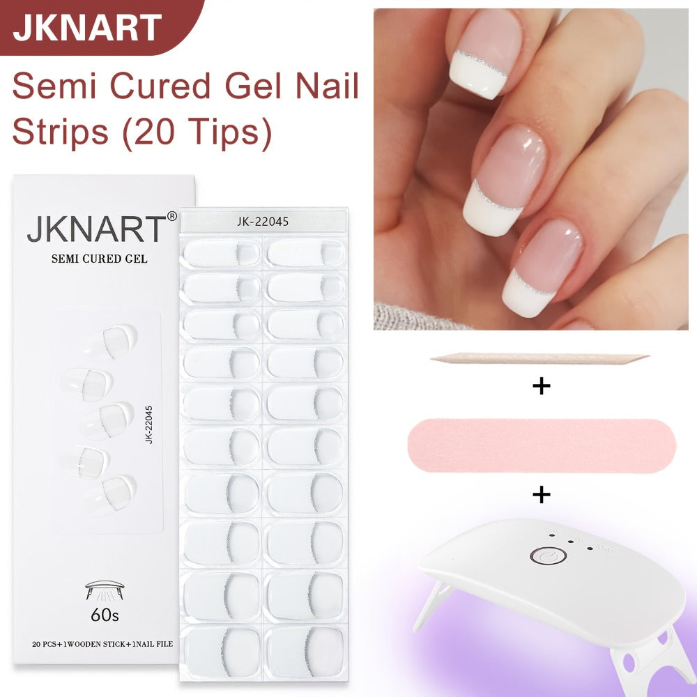 Semi Gel Nail Polish Stickers Kit 20Pcs with 12W LED Nail Lamp 8-Bead Curing Light Full-Wrap Nail Stickers 2nd Gen Soft Gel Tips White French Manicure Complete Set for Women Beginners Home DIY