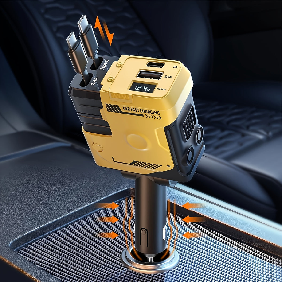 Mech Style Super Fast Car Charger, 4 In 1 Retractable Car Phone Charger 120W, Retractable Cables For Iphone And USB Car Charger, Compatible With for iphone 14/13/12/11, Galaxy, Pixel - For Ios And Android(Gift Magnetic Holders Included)