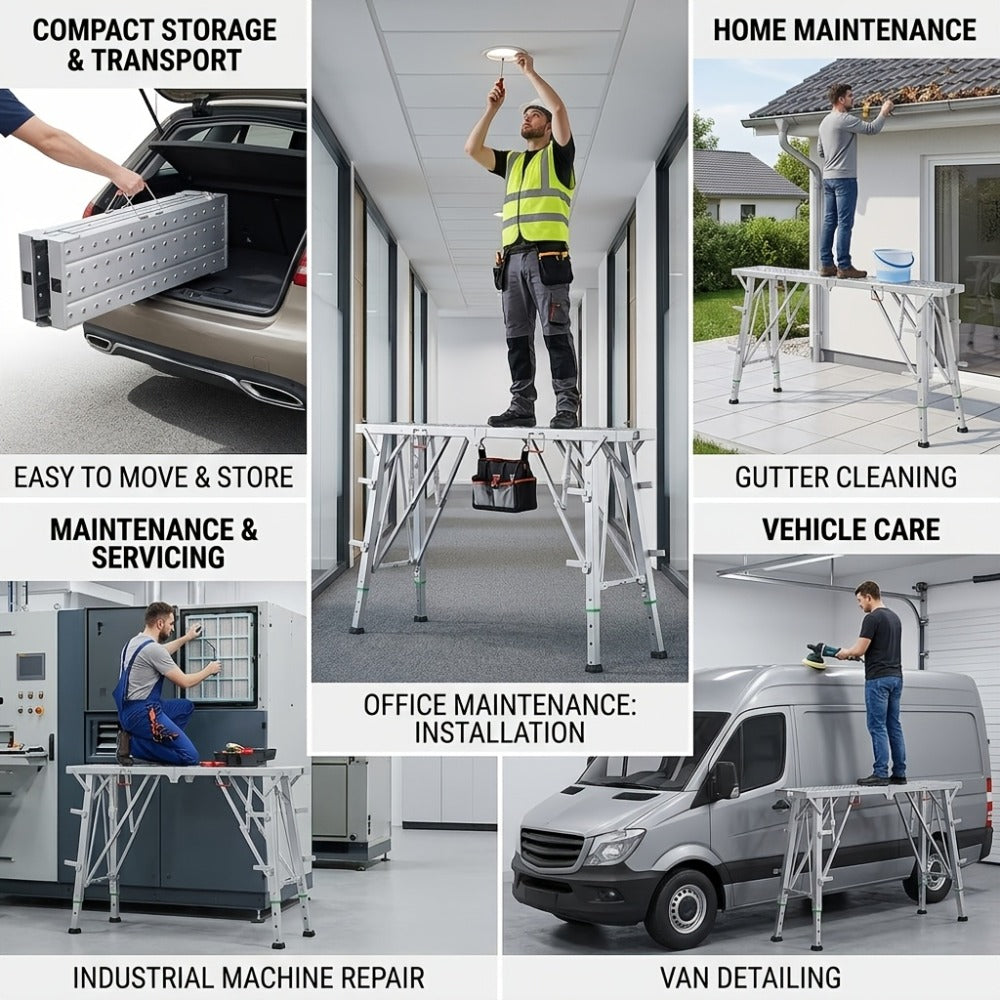 Heavy Duty Folding Work Platform Scaffold 1455 Lbs Capacity Portable Adjustable Height Ladder Stool – Multi-Function Step Stool for Painting Home Renovation Construction Indoor Outdoor Use