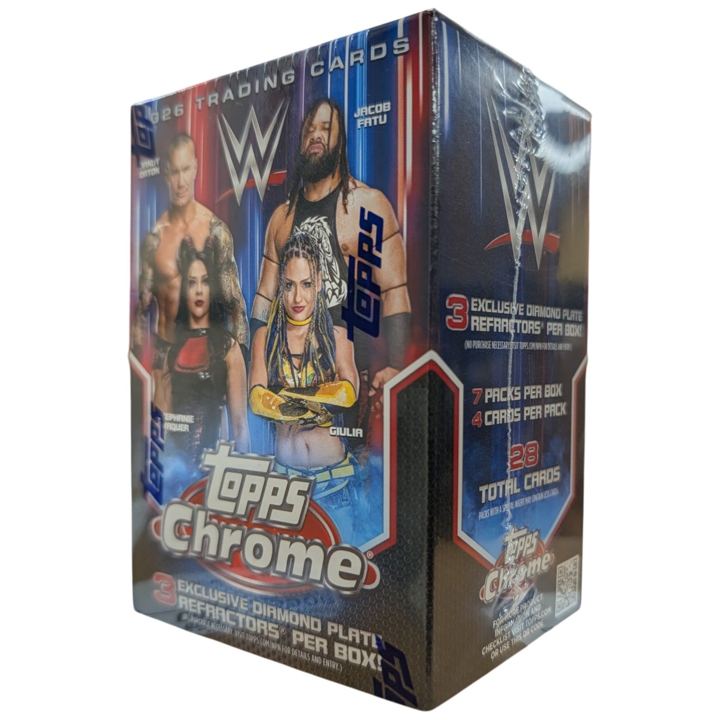 Topps Chrome WWE Blaster Box 2026 – 28 Cards | 3 Diamond Plate Parallels | 7 Inserts | WWE Superstars, Legends & Rookies | Factory Sealed Trading Card Box
