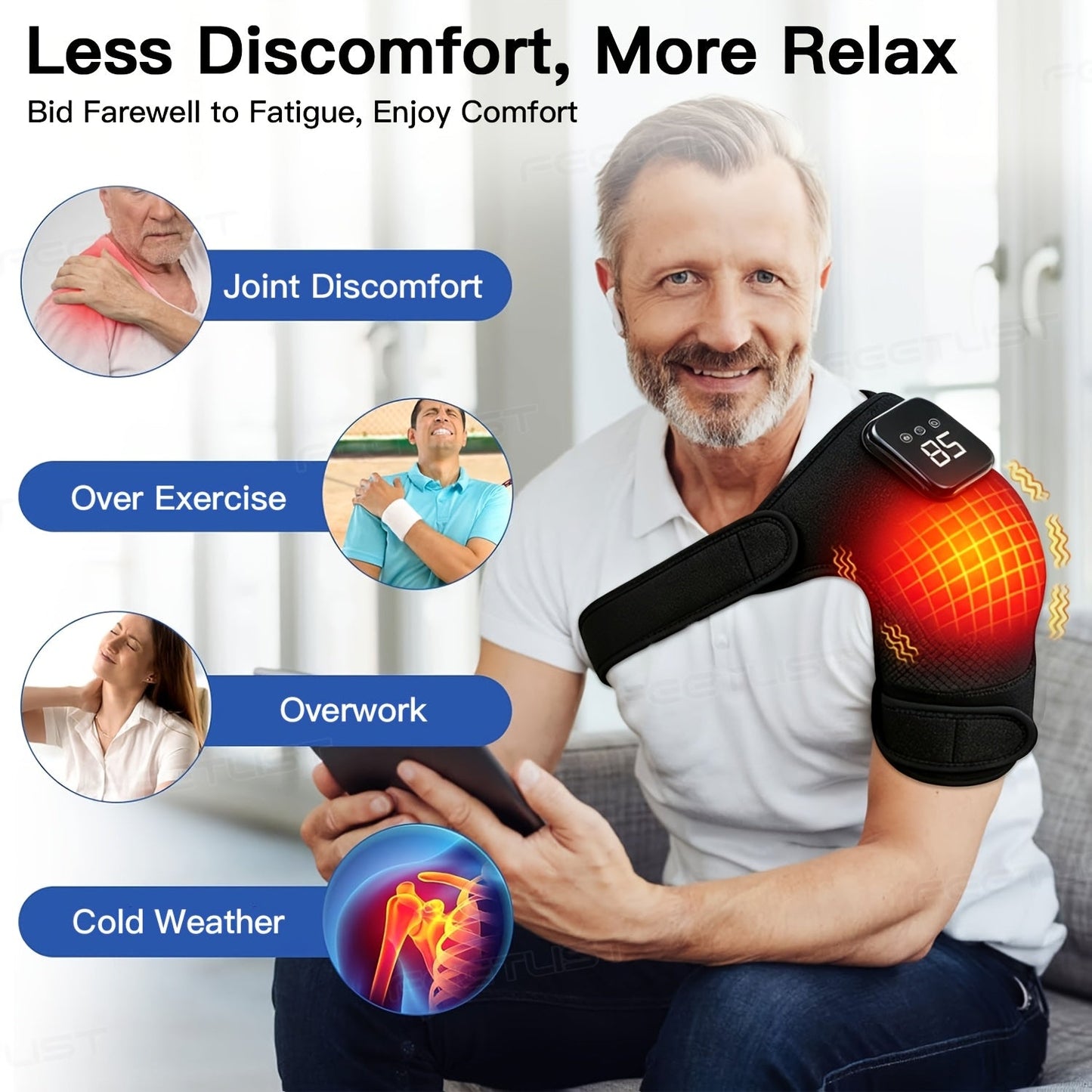 Cordless Heated Shoulder Massager with Vibration – 3 Heat Levels & 3 Vibration Intensities Electric Heating Pad for Shoulder, Elbow & Knee Pain Relief, LED Touch Screen, USB & Battery Powered