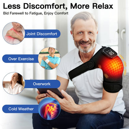 Cordless Heated Shoulder Massager with Vibration – 3 Heat Levels & 3 Vibration Intensities Electric Heating Pad for Shoulder, Elbow & Knee Pain Relief, LED Touch Screen, USB & Battery Powered