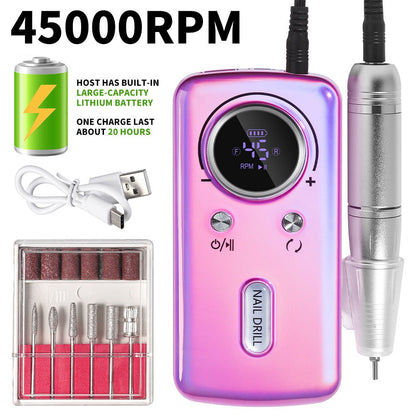 Cordless Nail Drill 45000 RPM Low Noise Rechargeable Electric Nail File Kit Portable Lightweight for Acrylic Gel Nails Manicure Pedicure Salon Home Use White Pink Purple