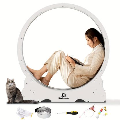 Cat Exercise Wheel 45-Inch XL Silent Running Wheel – Large Wooden Indoor Cat Treadmill with Carpeted Runway for Active Cats, Cat Fitness Wheel Gift for Cat Lovers, Wood, White & Black