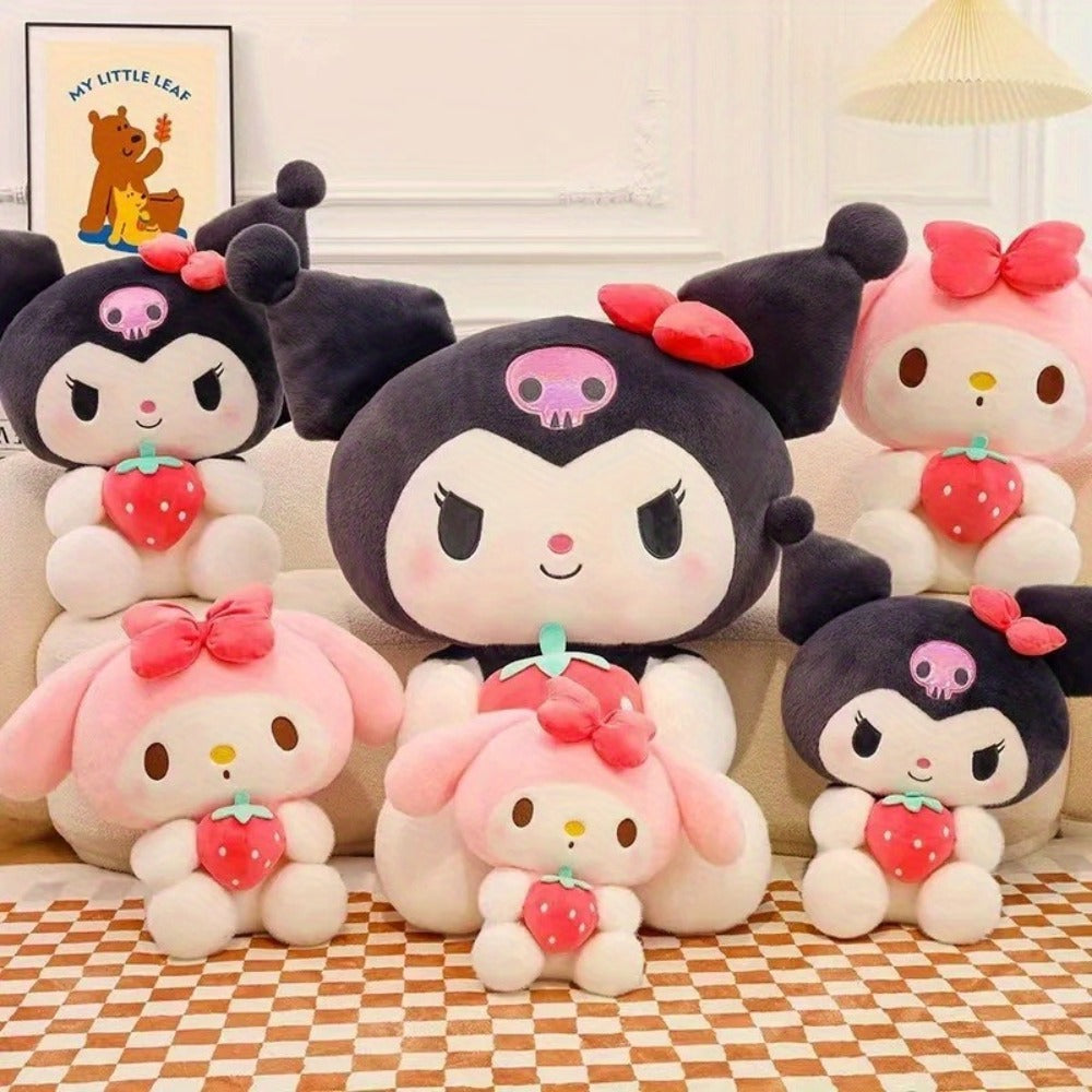 Sanrio Kuromi My Melody Strawberry Plush 9.84 Inch – Kawaii Sitting Stuffed Animal Doll for Girls, Room Decor, Stress Relief, Birthday Christmas Holiday Gift
