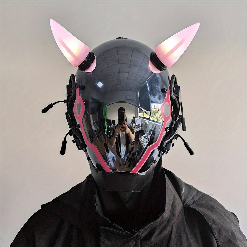 Electric Pink Punk Cosplay Mask with Helmet – Battery-Powered LED Full Face Mask for Halloween, Christmas, Easter, Rave Music Festival & Party, Unisex Adult Costume Prop, Cool Gift for Men & Women