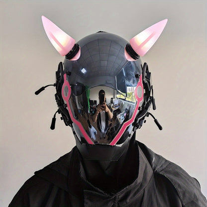Electric Pink Punk Cosplay Mask with Helmet – Battery-Powered LED Full Face Mask for Halloween, Christmas, Easter, Rave Music Festival & Party, Unisex Adult Costume Prop, Cool Gift for Men & Women
