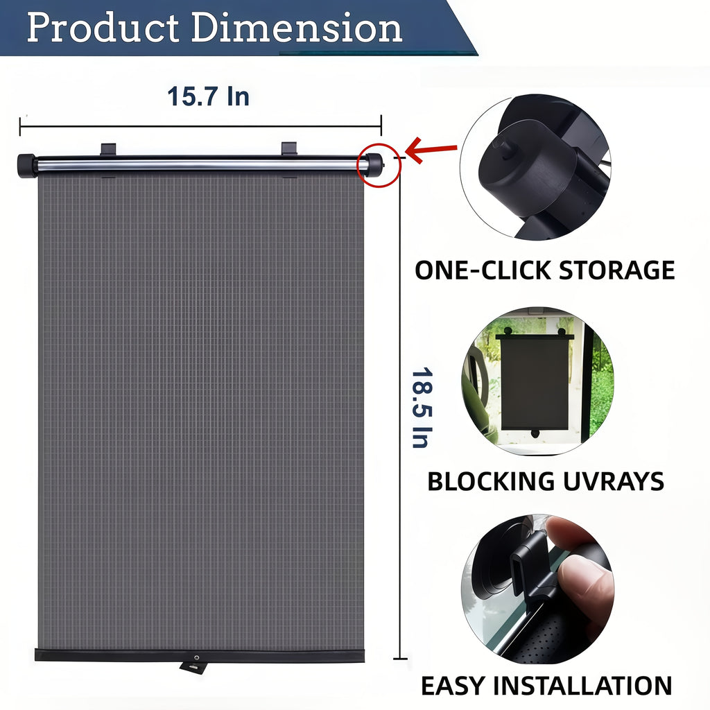 Set of 2 Car Window Curtains with One-Click Storage, Made of PVC in Black. These Retractable Side Curtains Are Easy to Install And Effectively Block UV Rays And Intense Sunlight. They Serve As Anti-Glare Heat Shields