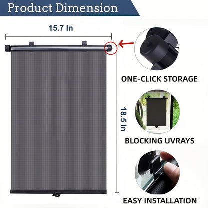 Set of 2 Car Window Curtains with One-Click Storage, Made of PVC in Black. These Retractable Side Curtains Are Easy to Install And Effectively Block UV Rays And Intense Sunlight. They Serve As Anti-Glare Heat Shields