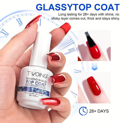 No-Wipe Gel Top Coat 2-Pack Diamond Shine High Gloss — LED Soak-Off Nail Sealer, Long-Lasting Scratch-Resistant Crystal Clear Finish for Salon & Home Manicure, Nail Art Sealer for Glitter & Foils (0.51oz Each)