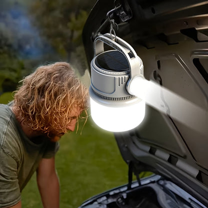 Solar LED Camping Light with Hook – 6 Modes, USB-C Rechargeable, 300LM, IPX4 Waterproof, Emergency Power Bank, Portable Tent Light for Camping, Hiking & Power Outages