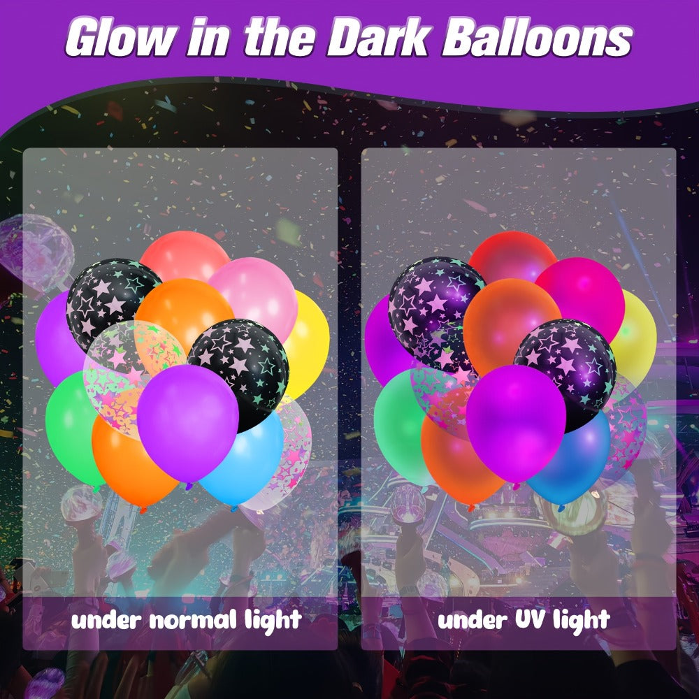 UV Neon Glow Balloons 42 Pcs Assorted – 12 Inch Blacklight Fluorescent Glow in the Dark Balloons with Neon Stars for Glow Party, Birthday, Wedding & Halloween Decorations