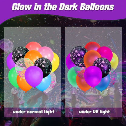UV Neon Glow Balloons 42 Pcs Assorted – 12 Inch Blacklight Fluorescent Glow in the Dark Balloons with Neon Stars for Glow Party, Birthday, Wedding & Halloween Decorations