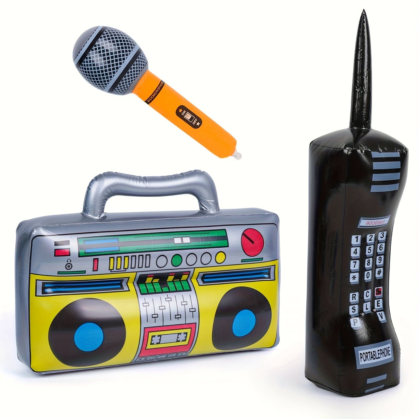 Inflatable Party Props 3 Pcs Blow Up Boombox Microphone & Retro Phone – 80s Hip Hop Theme Birthday Decorations for Graduation, Back to School, School Dance, DJ & Music Themed Party Supplies