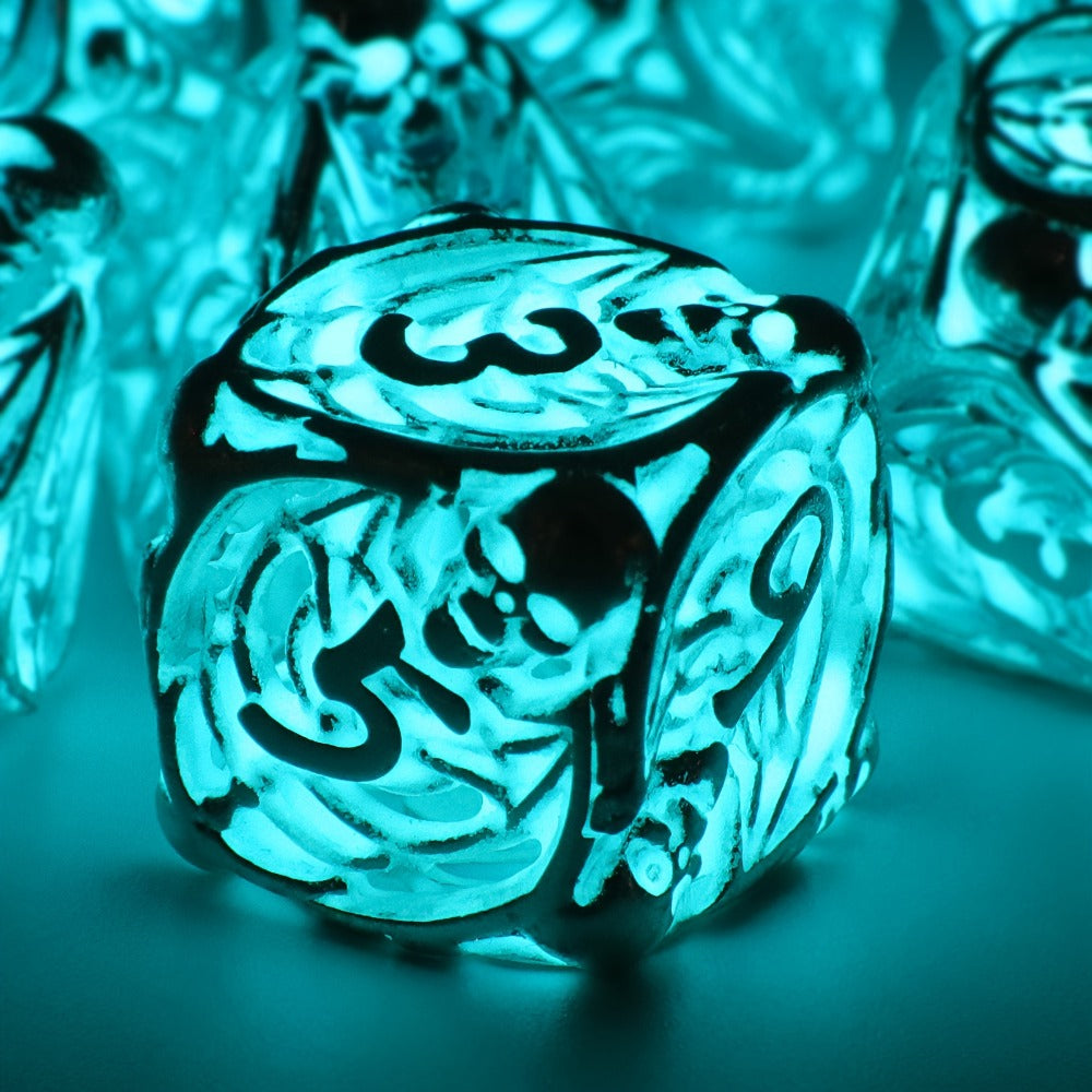 Metal Skull Dice Set 7pcs Glow in the Dark – Hollow UV Fluorescent Polyhedral DnD RPG Dice for Dungeon Masters, Skeleton Design Blue, Tabletop Gamer Gift Halloween Christmas Birthday