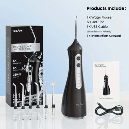 Cordless Water Flosser for Braces & Gum Care – Portable Oral Irrigator 350ml Tank 5 Modes One-Touch IPX Waterproof USB Rechargeable Dental Water Pick for Travel Home