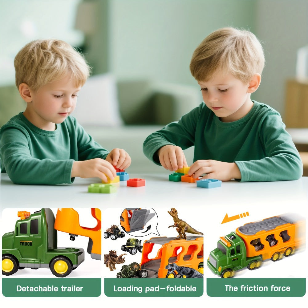 Dinosaur Transport Truck Toy Set with Lights & Sounds – 7-in-1 Dino Carrier with 3 Dinosaur Figures & 3 Monster Cars for Boys Girls Ages 3+, Battery Powered, Birthday Christmas Gift