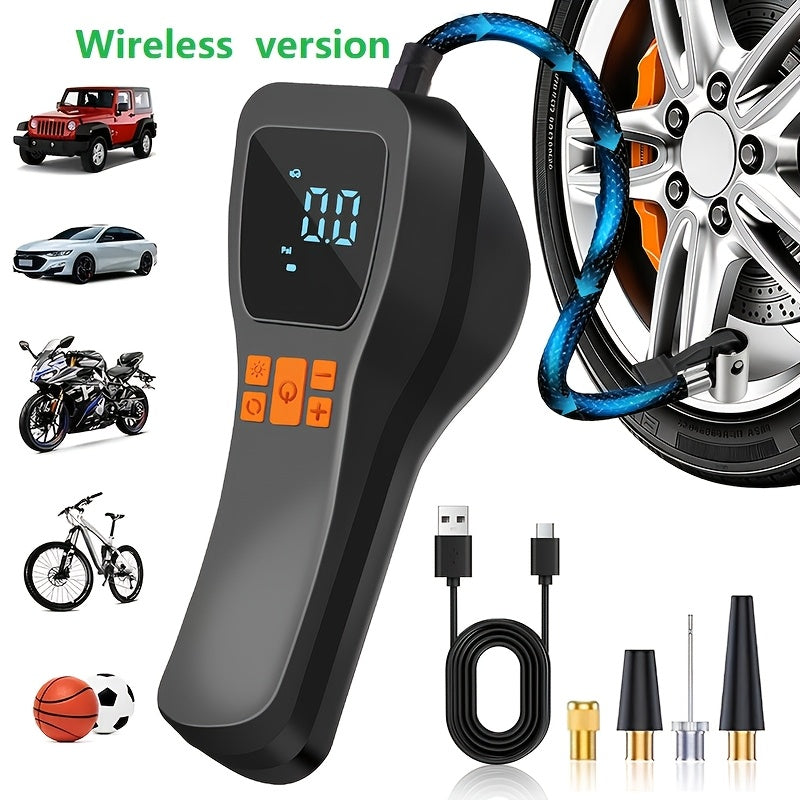 Portable Cordless Tire Inflator with Digital Gauge & LED Light – USB Rechargeable Fast Air Compressor for Car, Bike, Motorcycle & Sports Equipment, Emergency Tire Pump with Auto Shutoff