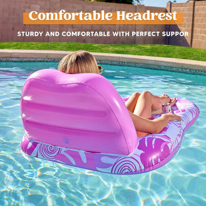 Recliner Pool Float Lounger for Adults – Inflatable Zero-Gravity Floating Chair with Cup Holders, Mesh Seat & Foot Rest, Pink Tropical Leaf Design, Summer Pool Party Water Toy