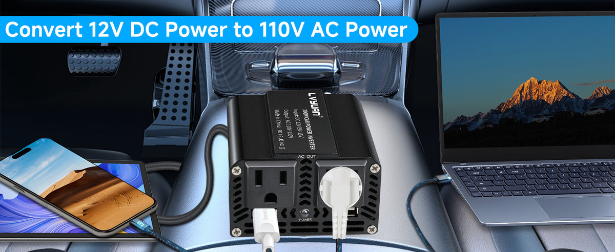 LVYUAN 200W Power Inverter for Vehicles DC 12V to 110V AC Car Plug Adapter Outlet Converter with 2 USB Fast Charging Ports and 2 AC Outlets Car Charger Adapter