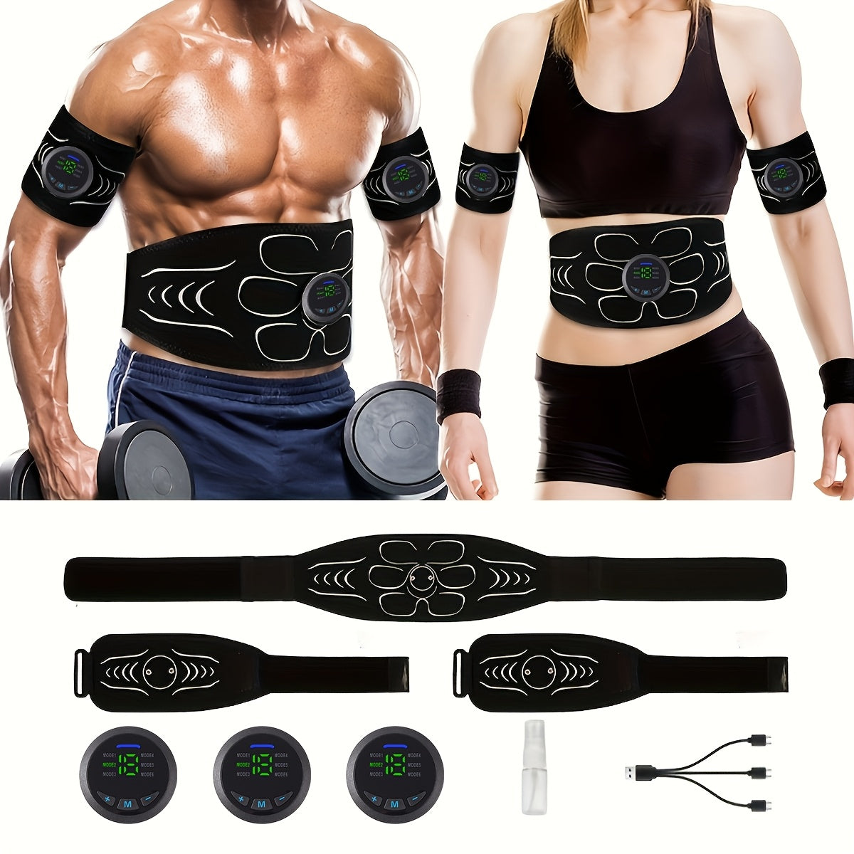 EMS Muscle Stimulator 3-Piece Set Rechargeable 6 Modes 18-Level Intensity for Muscle Training, Recovery & Pain Relief – Lithium Battery Powered