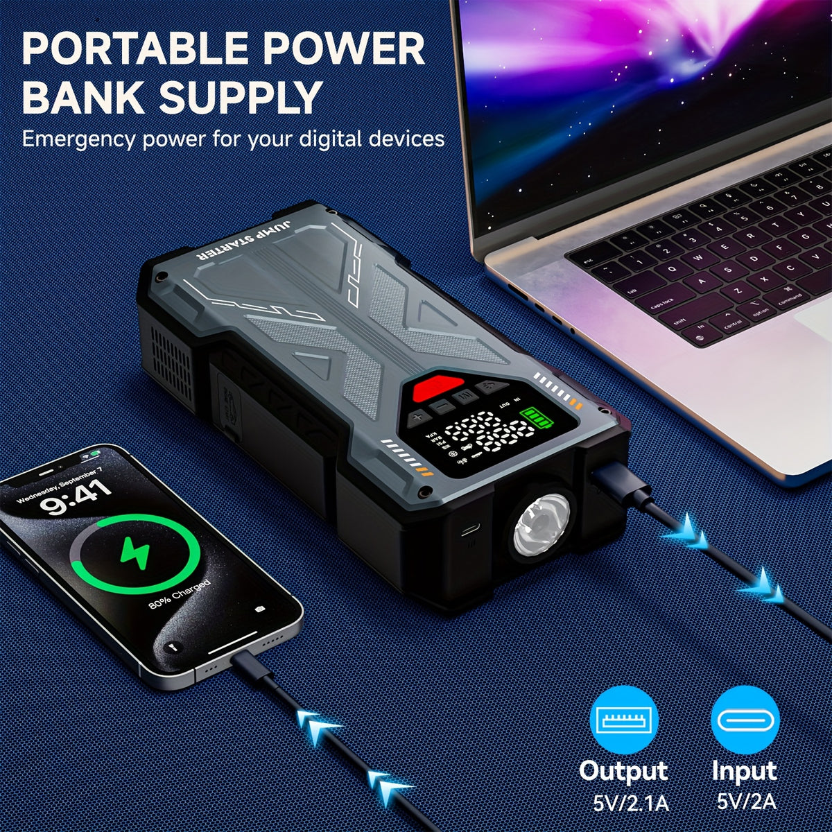 7-in-1 Portable Jump Starter With Air Compressor150PSI Digital Air Compressor, 12V Battery Booster For 2.38gal Gas/1.98gal Diesel Engines, Portable Car Jump Starter With Air Compressor, Fast Charge USB Ports & LED Emergency Light, Christmas Gifts