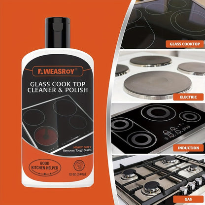 Glass Stove Top Cleaner Kit 12oz Non-Abrasive No Scratch Cooktop Cleaner and Polish Removes Tough Grease Stains 9-Piece Set with Scrubbing Pad Handle Scraper and Cloth for Smooth Cooktop Range