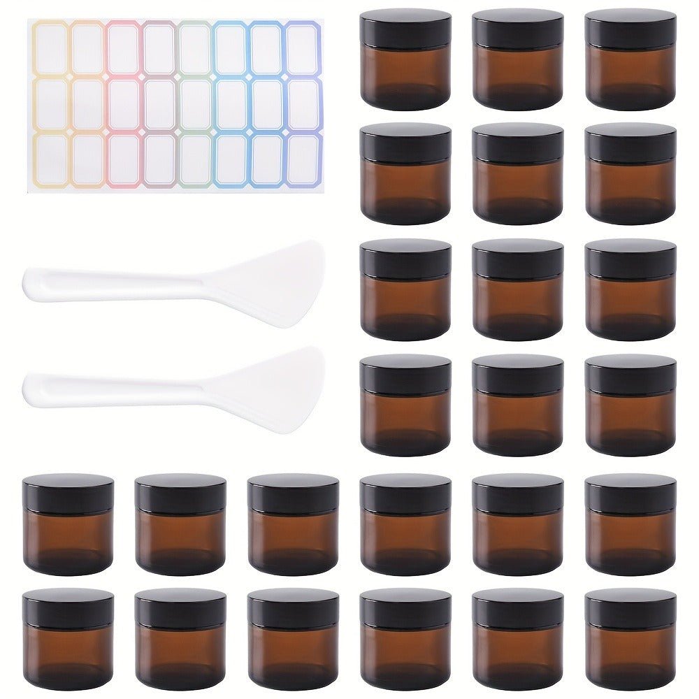 Brown Frosted Glass Jars with Lids 24 Pack – 2 oz Amber Glass Cosmetic Containers with Spoons & Labels, Non-Slip Base, UV-Protective Storage for Face Cream, Lotion, Body Butter, Candle Making & DIY Skincare