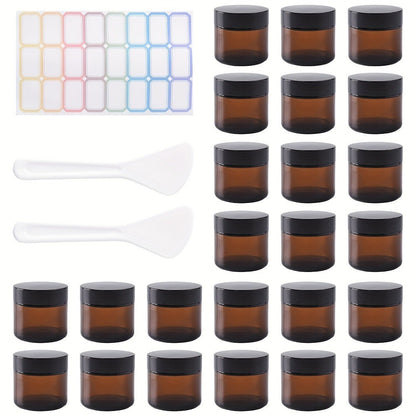 Brown Frosted Glass Jars with Lids 24 Pack – 2 oz Amber Glass Cosmetic Containers with Spoons & Labels, Non-Slip Base, UV-Protective Storage for Face Cream, Lotion, Body Butter, Candle Making & DIY Skincare