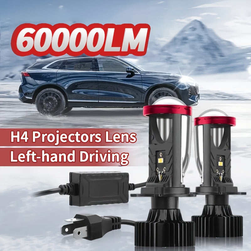 H4 LED Headlight Bulbs 2pcs 60000 Lumens 420W 3570 CSP Chip Projection Lens 6000K White High Low Beam 12-24V Ultra Bright Upgrade for Motor Vehicles Left-Hand Drive