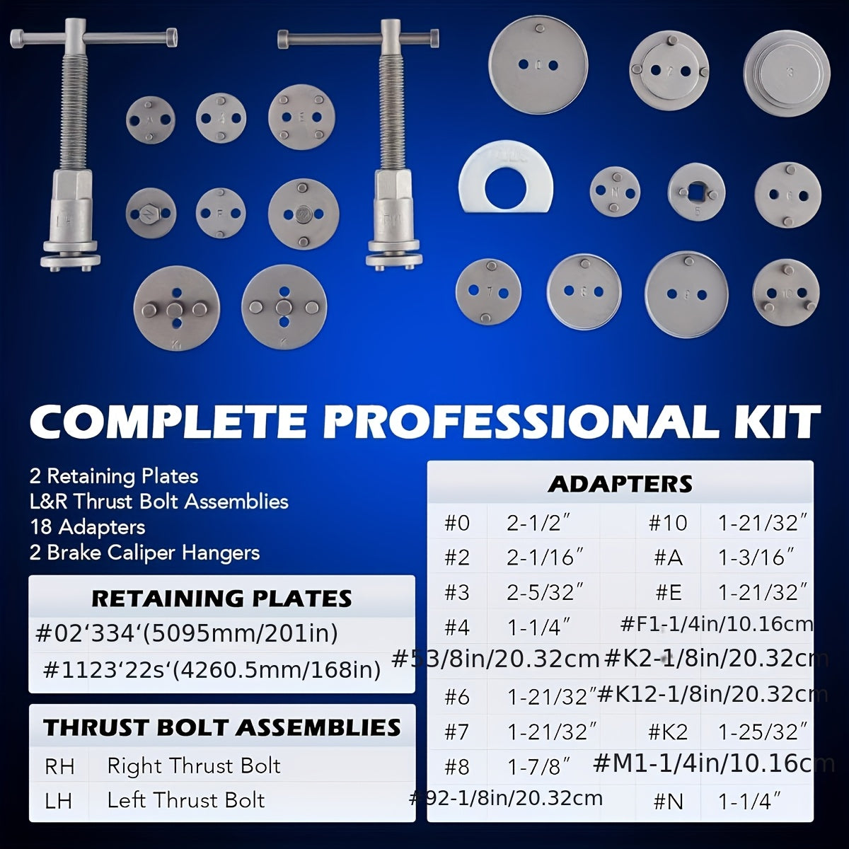 Brake Caliper Wind Back Tool Kit, 26pcs Brake Caliper Compression Tool Set With Thrust Bolt Assemblies Retaining Plates Caliper Hangers 18 Disc Adapters, Brake Caliper Tool, Blue Case, Without Battery