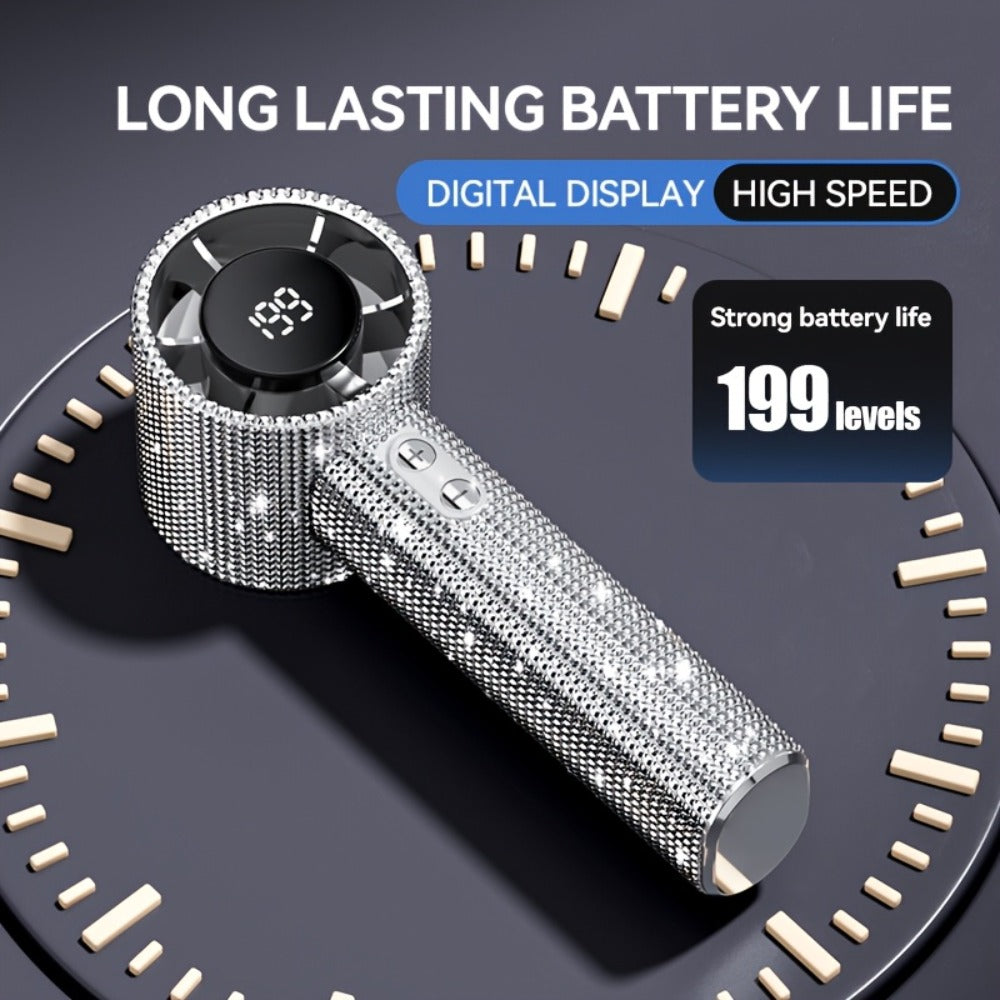 Diamond Handheld Mini Fan USB-C Rechargeable | Luxury Full Diamond Turbo Fan with Adjustable Speed, Quiet Operation & Gift Box Packaging – Portable Personal Cooling Fan for Women, Summer Gift Idea