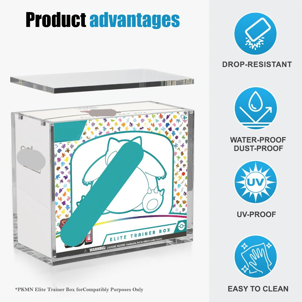 Pokemon Acrylic Display Case with UV Protection – 6MM Thick Crystal Clear Case for Booster Box & Elite Trainer Box, Self-Closing Cover, Polished Corners, Collector Gift