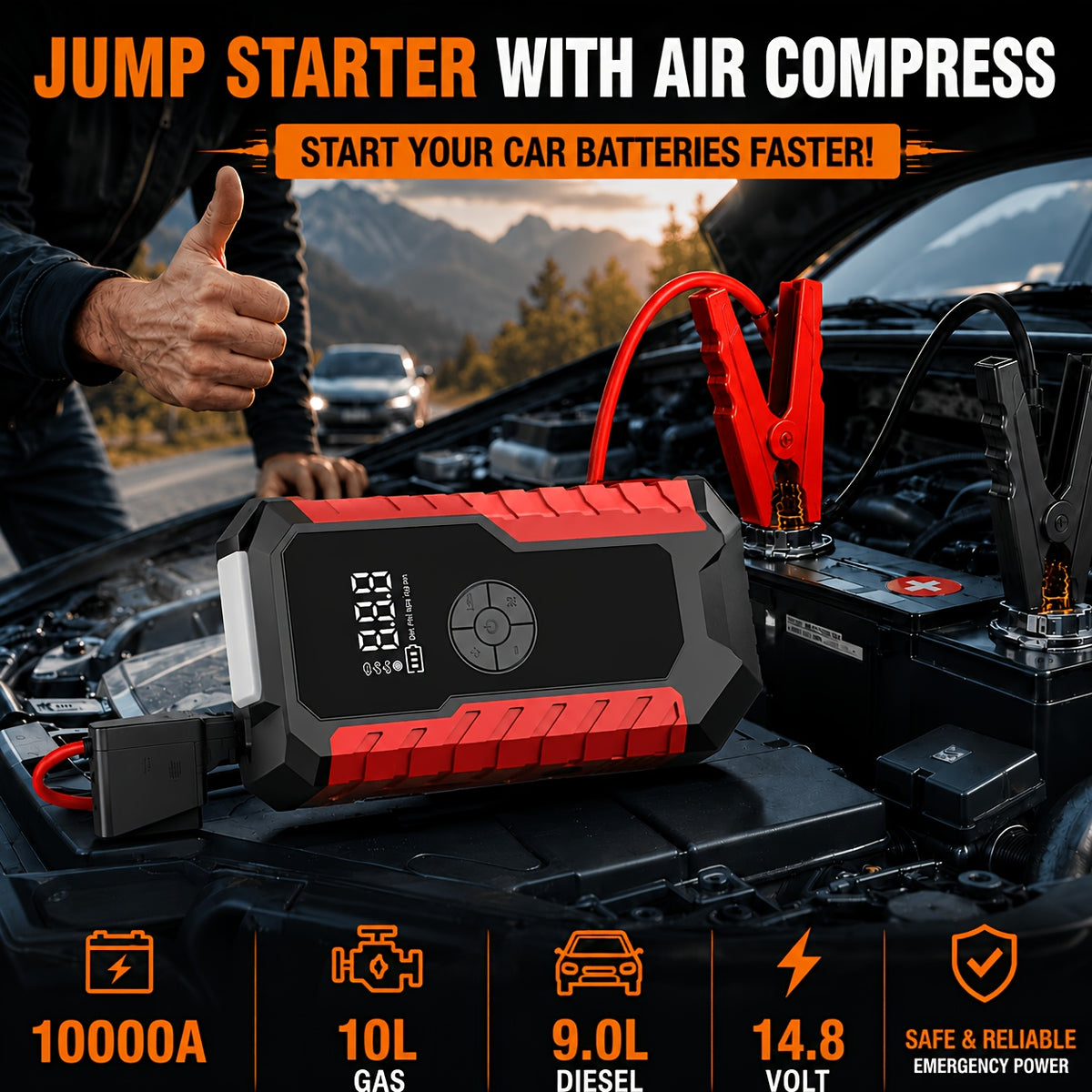 10000A 7-In-1 Multifunctional Emergency Jump Starter with 150PSI Air Pump, Digital Tire Inflator, Portable Car Battery Charger, Up to 2.64gal Gas/2.38gal Diesel, LED Emergency Light & USB Charging, Car Emergency Tool. Suitable As a Holiday Gift