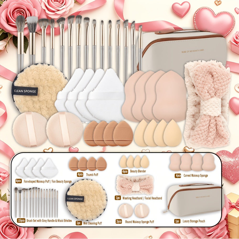 49Pcs Professional Makeup Brush Set Super Soft Nylon Bristles with Expandable Storage Box Concealer Contour Sponge Eyeshadow Powder Highlight Blending Kit Wet Dry Use Women Black Milky White