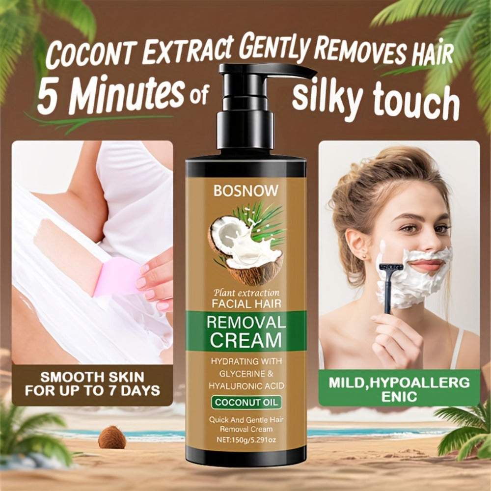 Painless Hair Removal Cream 150g 3-Minute Fast Acting – Coconut Extract Squalane Depilatory for Underarms Arms Legs Thighs Body Bikini, Smooth Skin Up to 15 Days for Women
