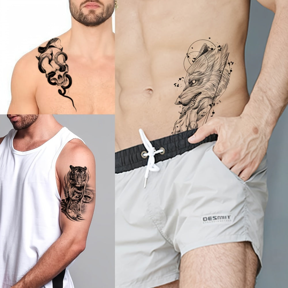 GLARYYEARS Realistic Temporary Tattoos for Men Women 48pcs Skull Snake Black Dark Art Body Arm Designs Waterproof Long Lasting Non-Toxic 12 Large 36 Small Sheets