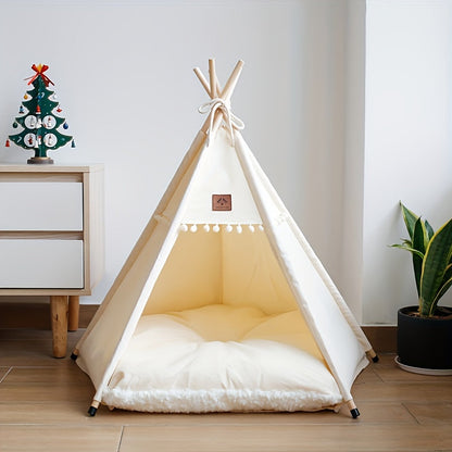Pet Teepee Bed with Cushion – Linen Fabric Cat & Dog Tent, Dome-Shaped All-Season Indoor Outdoor House, Padded & Sturdy Frame for Small to Medium Pets, Easy Clean (Small or Large, White or Creamy-White)
