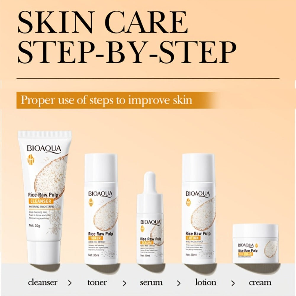 Rice Raw Pulp Skincare Set 5pcs Mini Travel Size Brightening Moisturizing Facial Care — Cleanser Toner Essence Cream Lotion for Women All Skin Types Hydrating Routine Gift